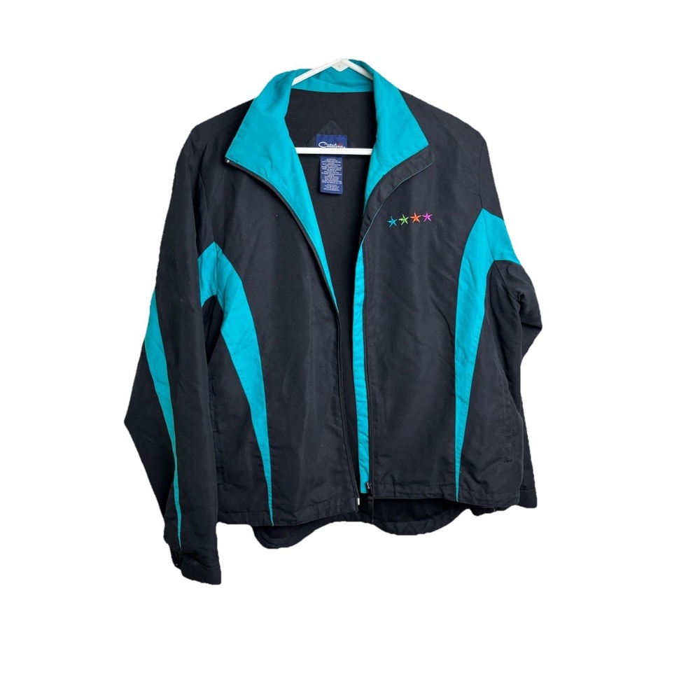 Vtg Catalina Jacket Womens Large Black Teal Full Zip Windbreaker Bomber - Picture 1 of 9